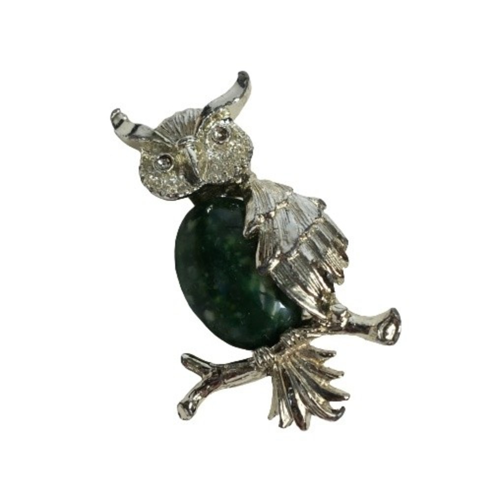 Vtg Gerry's Silver Tone Green Cabochon Jelly Belly Owl Bird Brooch Pin Signed